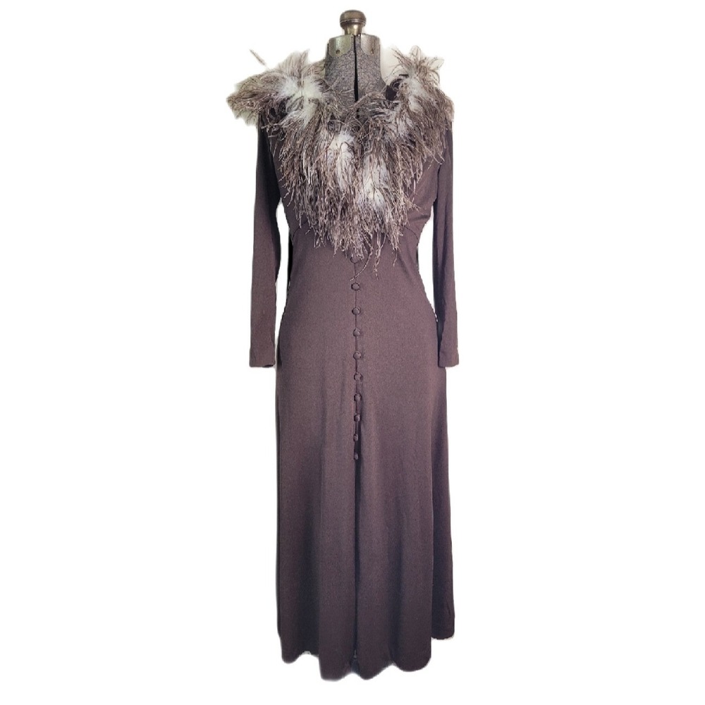 Vintage 60s 70s Brown Jersey Maxi Dress Coat Hood Marabou Ostrich Feather Trim S